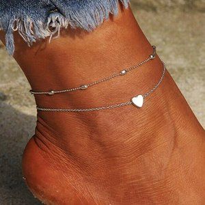 Women's 2pc Silver Heart Anklet Ankle Bracelet